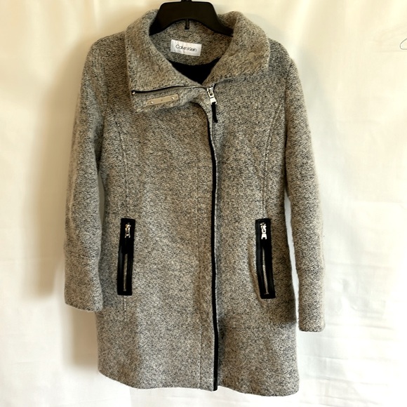 Calvin Klein Faux-Leather-Trim Asymmetrical Wool-blend Coat, size small - Picture 1 of 11